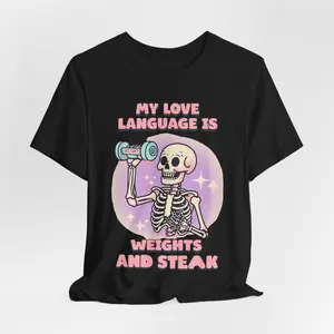 Steak and Weights Unisex Tee Shirt, Skeleton Halloween Costume Fitness Top, Gym Lover Gift, Workout Apparel, Foodie Graphic T-Shirt