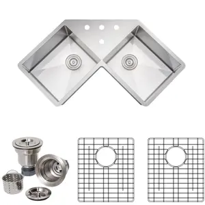 Wells Sinkware  46 in. Handcrafted 16 Gauge Undermount Butterfly Equal Double Bowl Stainless Steel Corner Kitchen Sink with Grid Racks & Basket Strainers