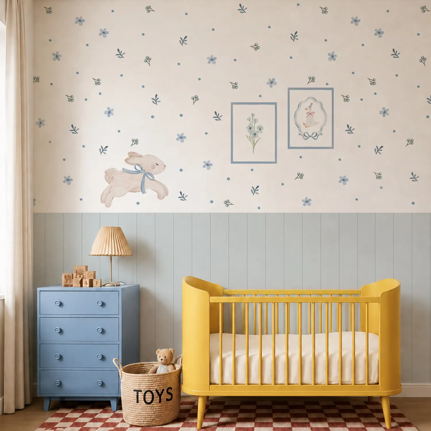 Renter-Friendly Blue Floral Bunny Peel-and-Stick Wallpaper Set - Waterproof Textured Accent Wall Decals, Quick Renovation Wall Panels with Rabbit Stickers for Kids Rooms, Berries Decor