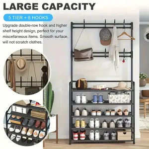 1pc 4/5 Layer 23in Carbon Steel Coat Rack Multipurpose Coat Hanger And Shoe Shelf Black/white Self Assembly Required