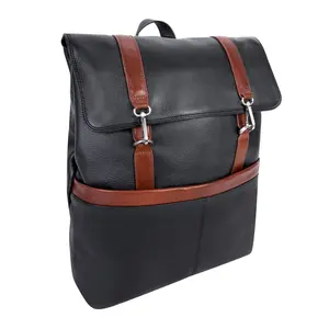 212 MAIN U Series 17in 2-Tone Pebble Grain Leather Flap-Over Backpack with Laptop Sleeve, Tablet Compartment, Contrast Accents, Padded Straps, and Zipper Pocket, Black