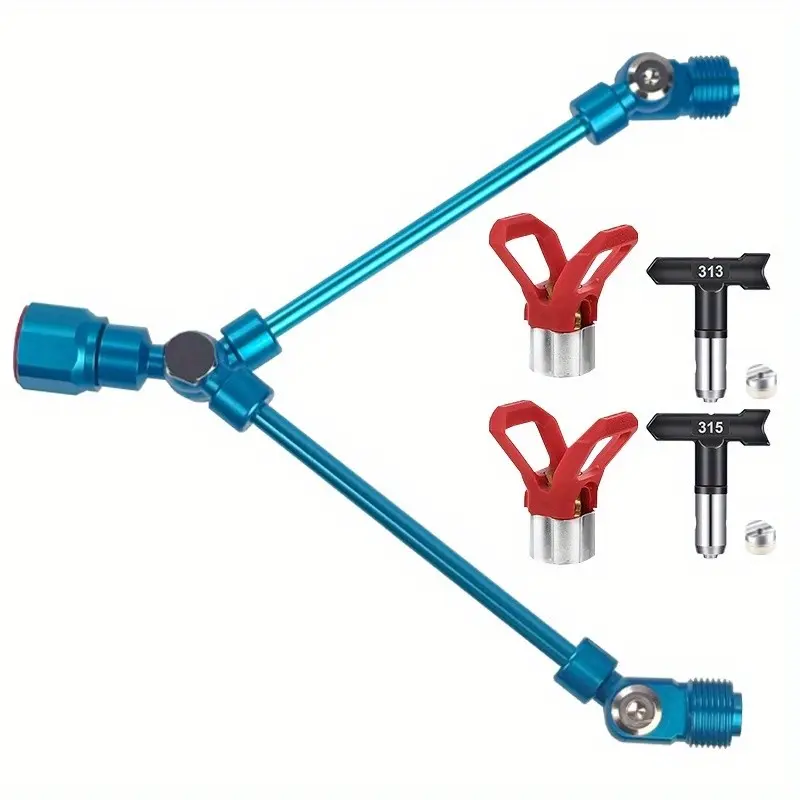 Double Spray Tip Extension Pole 5-Piece Set, includes 2 reversible Spray Nozzle Tips (313, 315) and 2 red protective guards, suitable for airless paint sprayers, painting, latex and other coatings, doubling work efficiency, Dual Nozzle