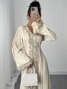 Women's Loose V-Neck Ruffle Trim Long Sleeve Robe/Long Dress, Turkish Robe, Arabic House Dress Fall Cloth For Women