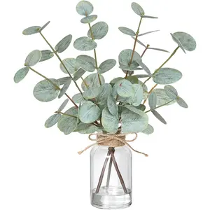 Eucalyptus Stems in Vase with Faux Water,Artificial  Eucalyptus Leaves for Shelf Desk Bathroom Farmhouse Room Coffee Table Faux Greenery  Decorations (Green)