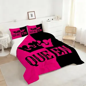 2/3Pcs Stylish Pink and Black Crown Comforter Set, Elegant Queen Bedding Set with Unique Split Color Design, Soft and Cozy Quilt for Trendy Bedroom Décor, Perfect for Modern Royal Themed Rooms! 1 or 2 Pillowcase No Pillow Core