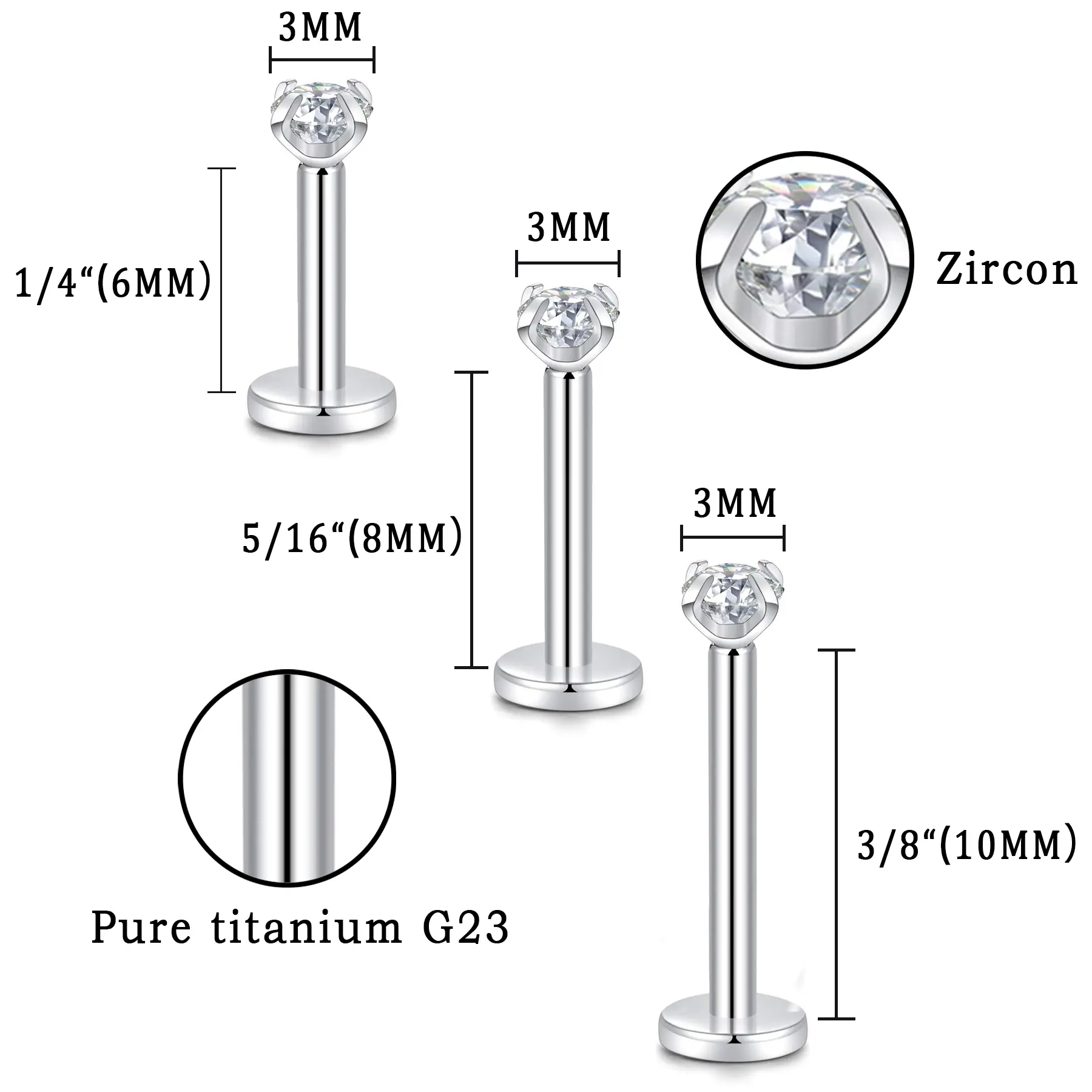 OIDEA G23 Titanium Internally Threaded Labret Studs, 3-Piece 16G Cubic Zirconia Bling Effect Set, Multi-Size 1/4" (6mm)-10mm Hypoallergenic Body Jewelry for Lip, Cartilage
