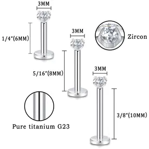OIDEA G23 Titanium Lip Cartilage Stud Set 16G Internal Thread Cubic Zirconia Rhinestone Diamond Body Piercing Jewelry 3PCS Hypoallergenic