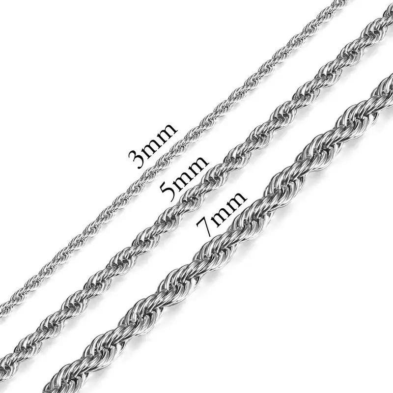 Hermah 3-7mm Stainless Steel Silver Color Twisted Rope Chain Necklace 18-24 inches Summer Link Jewelry