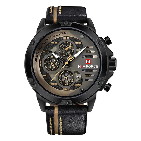 NAVIFORCE Men's Fashionable Waterproof Military Quartz Watch - Pig Skin Band with Buckle, Hardlex Glass Dial, Date Calendar, Waterproof Multifunctional Analog Wristwatch, Waterproof Sports Wristwatch, Fashionable Waterproof Watch