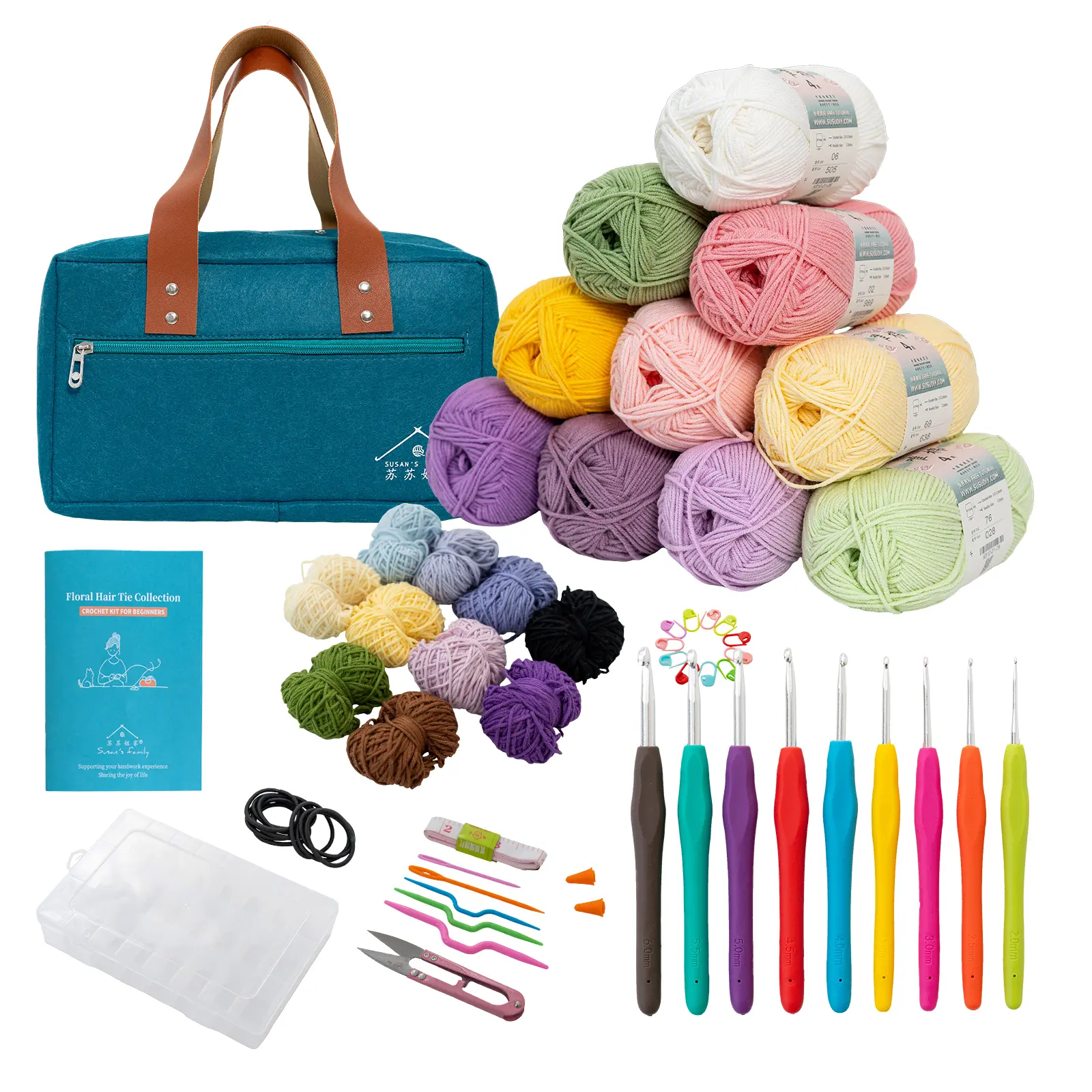 Beginners' Crochet Floral Hair Tie Kit - Soft Hair Ties, Scrunchies, Stitch Stoppers, Sewing Needle, Small Scissors, Susan's Family Combed Cotton 4-Ply Yarn Set【US Warehouse】