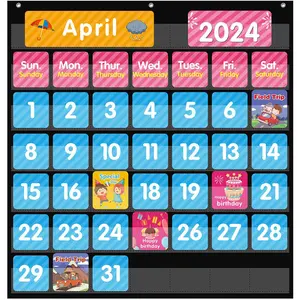 Large 44 Pockets Calendar Chart for Classroom with 85 Cards, Monthly Calendar and Weather Black Pocket Chart for Kids Learning for Home or Kindergarten