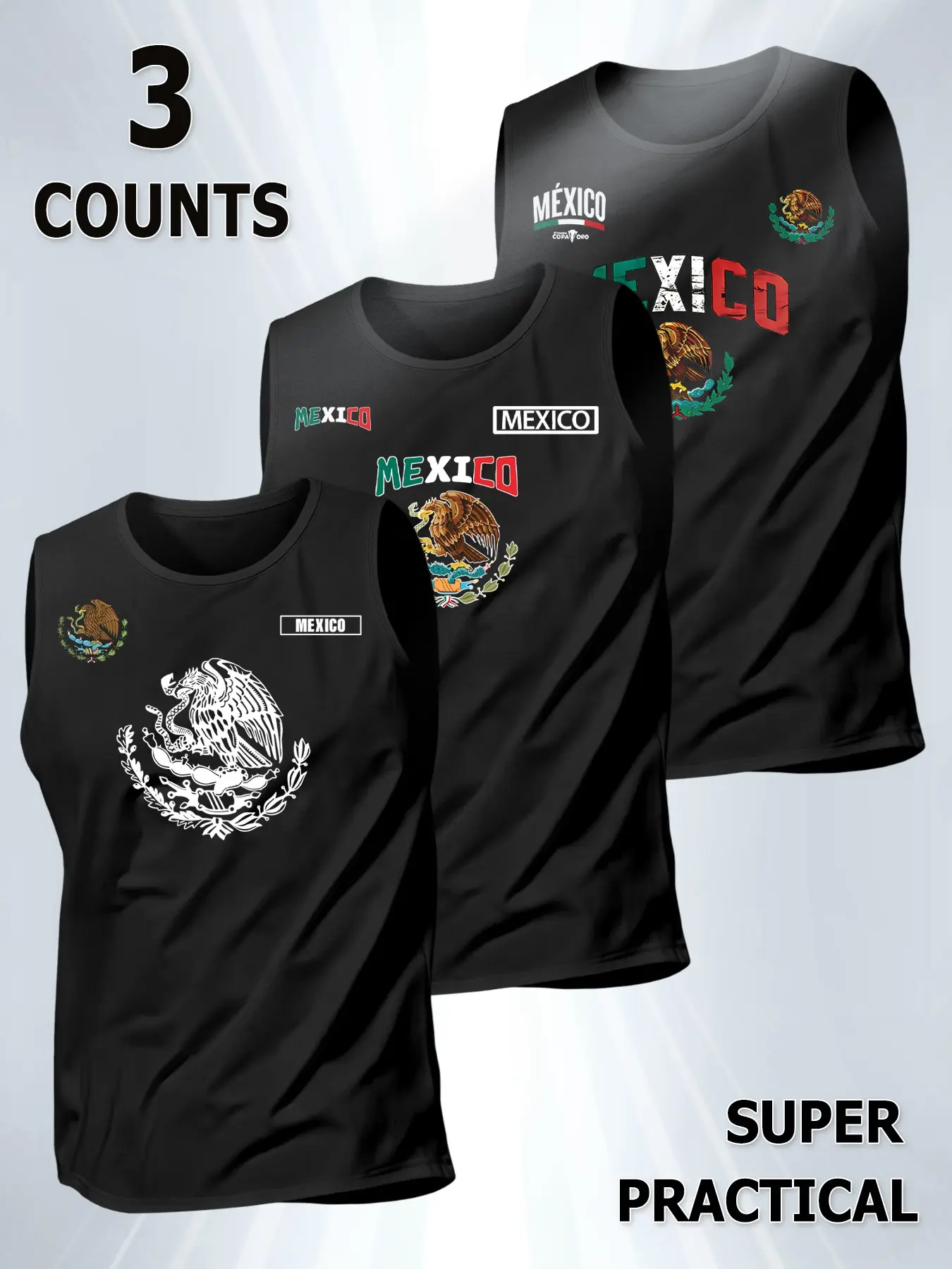 3-Piece American Vintage Mexican Style Sleeveless Tank Tops, Graphic Print Sporty H-Type Fit, Ideal Gift for Patriotic Men