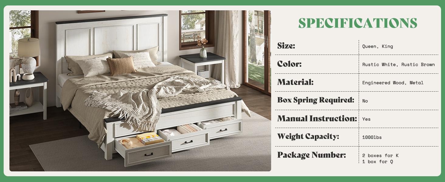[Spring Sale] AMERLIFE Farmhouse Bed Frame with 52.2" Tall -Panel Headboard & Footboard, Wood Platform Bed Frame with 3 Large Storage Drawers, No Box Spring Needed, Unique Bedroom Furniture