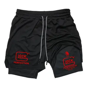 Glock Perfection Men's Streetwear 2-in-1 Shorts Sweat Shorts with Firearm Brand Graphic Print Drawstring Waist Casual Summer Shorts for Men Trendy Drip Clothing