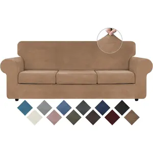 4 Pieces and Spandex High Stretch Couch Covers for 3 Cushion Couch Sofa Slipcovers, Furniture Protector with Non Slip Elastic Bottom, Feature Soft and Thick Plush, Camel, Large