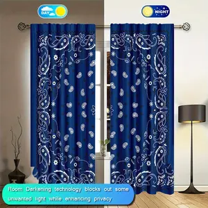 2 elegant blue floral printed curtains, Privacy Grommet Curtains, semi transparent art design, polyester material, blending flower and leaf patterns, suitable for living room or bedroom decoration, year-round home room decoration, Window Curtain