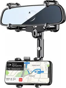 Rearview Mirror Phone Holder for , 360 Rotating Rear View Mount with Adjustable Arm Length, Upgraded Four Corners Fixed Anti-Shake Multifunctional Design for  Smartphones