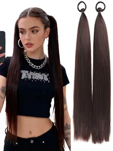 2 Pieces Long Straight Ponytail Hair Extensions Black Brown Elastic Band Synthetic Hair 26 Inch Ponytail Extension DIY Braided Ponytail Natural Loose Hair Bundles for Women Daily Party Versatile Use