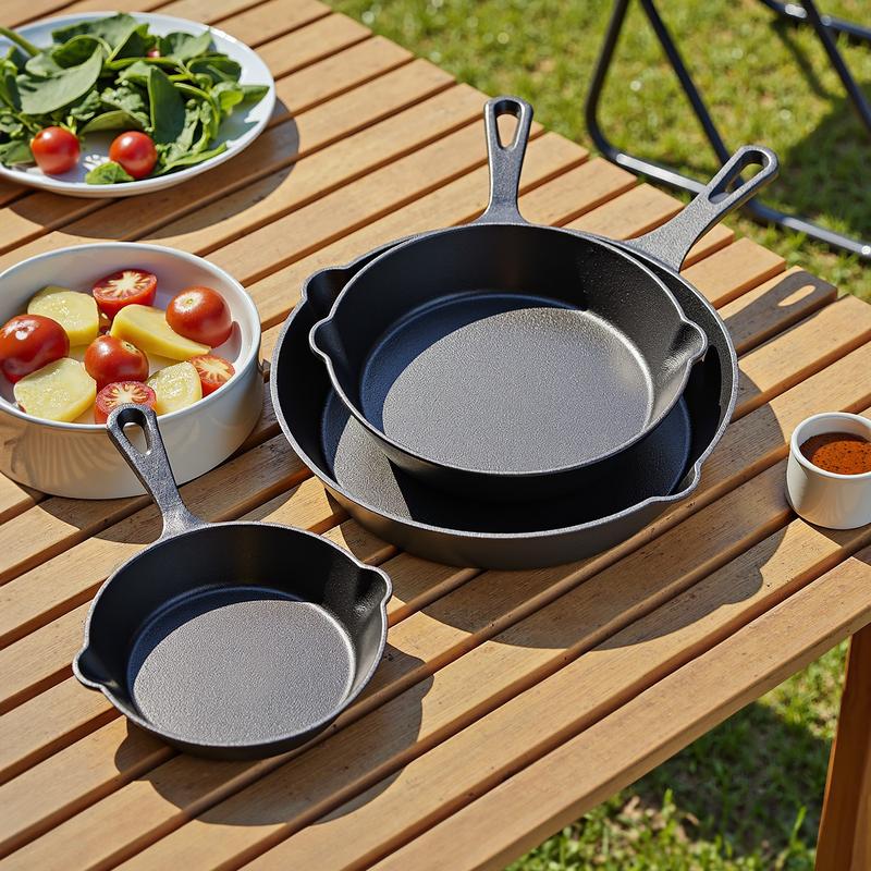 3pcs Cast Iron Cookware Set Heavy Duty Non Stick Pan Multi Functional Frying Pan Skillet And Baking Dish Suitable For Kitchen Outdoor Use Perfect For Cooking Steak Chicken