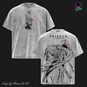Frieren and Fern 'Beyond Journey's End' Anime Double Printed Acid Wash Tee Unisex Oversize Heavyweight Cotton T-shirt for Anime Fans and Lovers