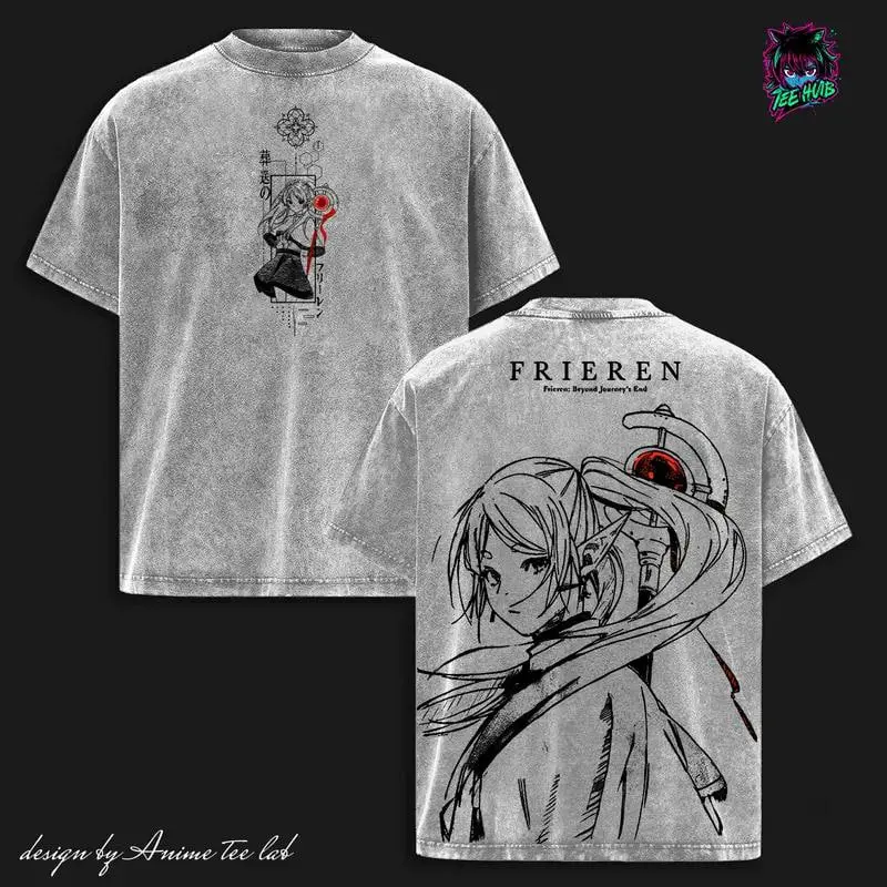 Frieren and Fern 'Beyond Journey's End' Anime Double Printed Acid Wash Tee Unisex Oversize Heavyweight Cotton T-shirt for Anime Fans and Lovers