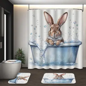LVRLVR 4pcs Rabbit Bathtub Bubble Bath Watercolor Cute Whimsical Bathroom Set with Shower Curtain, Bath Rugs and Hooks - 70.8"×70.8" (180×180cm) Shower Curtain Sets