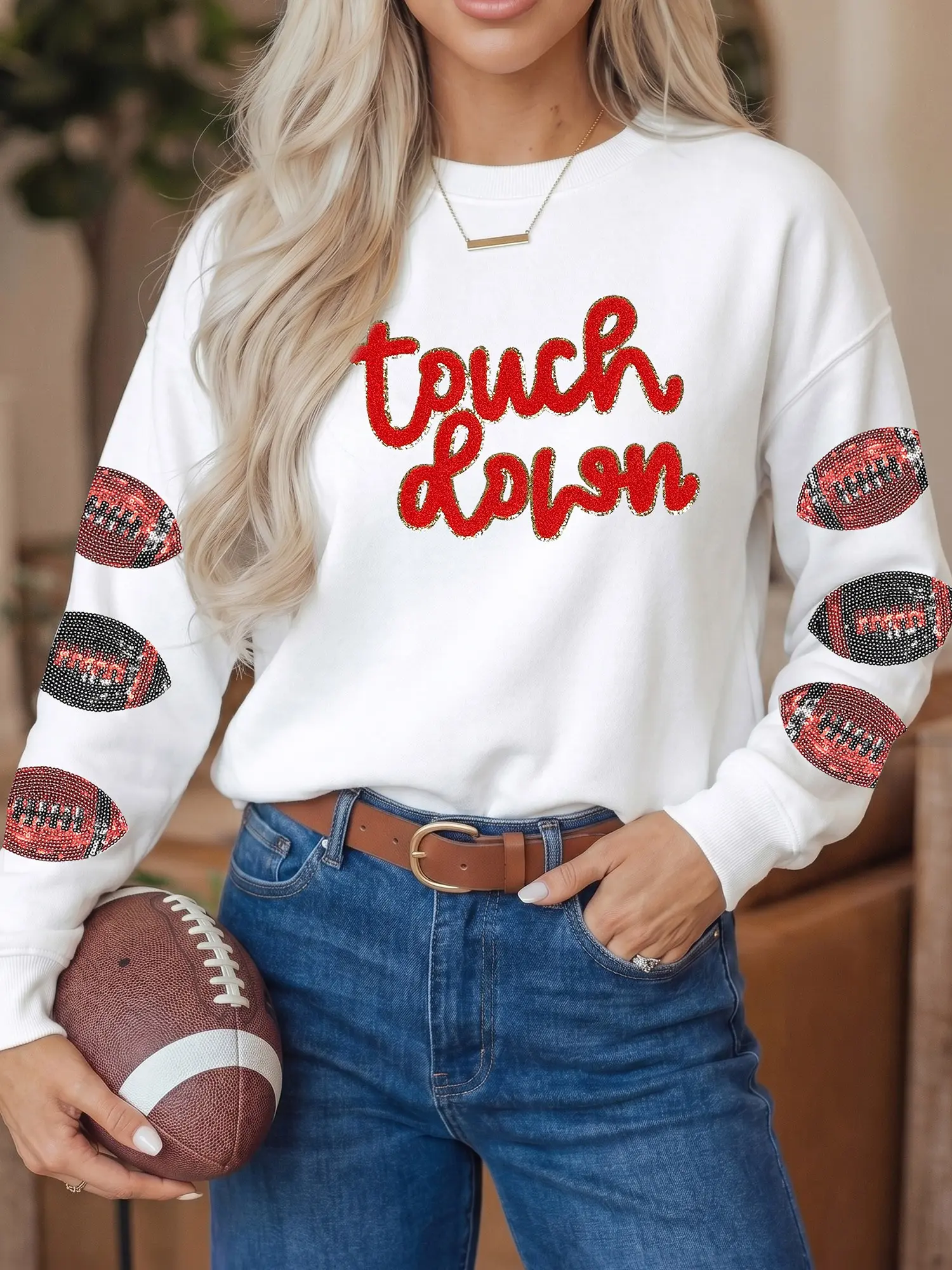 Women's Touchdown Sequin Sweatshirt Game Day Football Long Sleeve Pullover Tops Tailgate Outfit