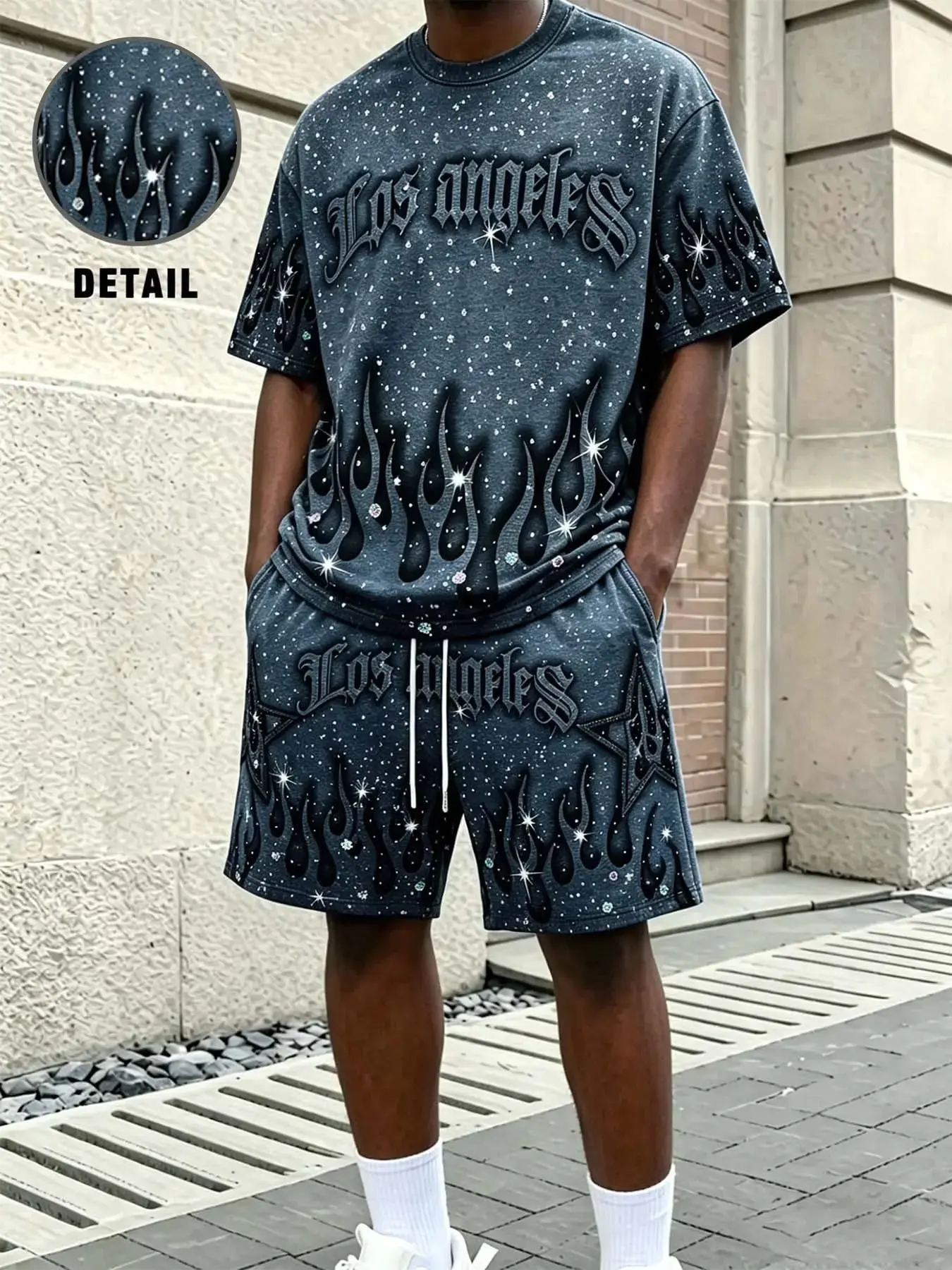 Los Angeles Flame Rhinestone Two-Piece Set Outfit, Distressed Loose Fit T-Shirt + Shorts, Y2K Millennium Street Style, Casual Fashion, Man