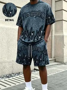 Los Angeles Flame Rhinestone Two-Piece Set, Loose Fit T-Shirt + Shorts, Y2K Millennium Street Style, Casual Fashion