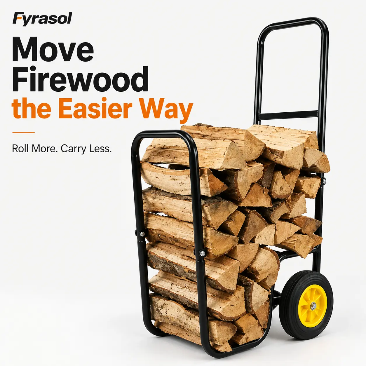 Fyrasol Firewood Log Cart Carrier, Large Capacity Black Steel Rolling Wood Hauler with 2 Wheels, 39.37 x 22.83 x 18.10 in Assembled Size, Metal Dolly and Firewood Trolley for Fireplace, Indoor Outdoor Yard, Cabin, Camping, Farm and Woodpile