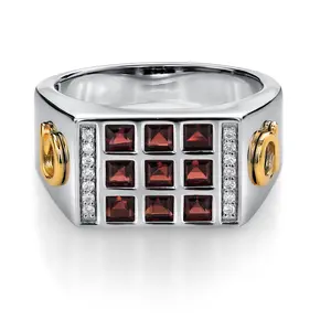 Gem Stone King Red Garnet and White Lab Grown Diamonds Ring for Men | 10K Yellow Gold and 925 Sterling Silver | 1.27 Cttw | Available In Size 9, 10, 11, 12, 13