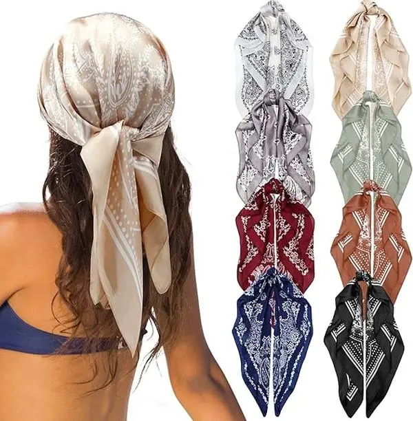 8 PCS Silk Bandana Square Satin Head Scarves Women Hair Scarves Hair Wrap Neck Scarf for Sleeping