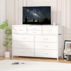White 10 Drawer Dresser,TV Stand Entertainment Center Fabric Storage Dressers Drawers for Bedroom, Hallway, Nursery, Closets, Steel Frame, Wood Top
