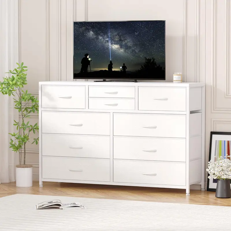 White 10-Drawer Sturdy Fabric Storage Cabinet - Modern Credenza, Storage Sideboard Buffet with Steel Frame, Wooden Surface, Rectangle TV Console for Bedroom, Nursery, Modern Credenza Cabinet, Storage Cabinet Sideboard