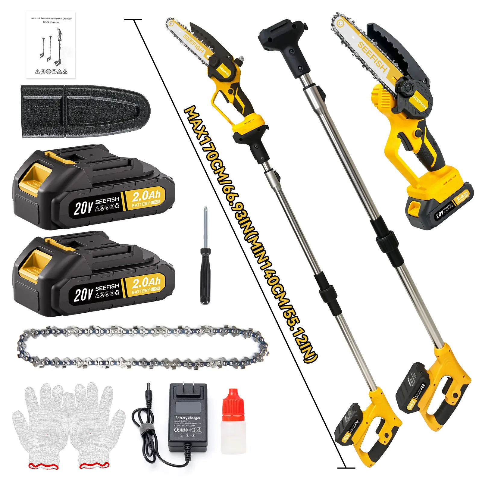 SEEFISH 6 In Cordless Brushless Electric 2-in-1 Pole Saw Power Tool, Lightweight Portable Mini Chainsaw with Telescopic Extension Pole, 1 x 2000mAh Battery for Tree Branch Pruning (Tools Category), Power Tools, 6-Inch 2-In-1 Chainsaw (1 X 2000Mah Battery)