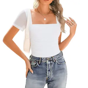 Avidlove Women's Square Neck Sheer Mesh Short Sleeve Bodysuit Ruched Going Out Sexy Thong Bodysuits Tops SpringStatements Basic