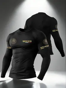 Men's Mexican Totem Round Neck Long Sleeve T-Shirt, Unique Style, Metal Texture, Casual Fit, All Seasons, Fitness Training, Daily Wear, Athletic Sports Clothing