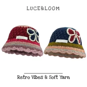 【LUCE&LOOM】Handmade Crochet Bucket Hat Retro Color Block Bowknot Decor Winter Warm Knit Cap
