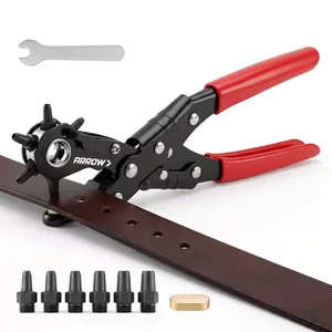 Arrow Belt Hole Puncher for Leather, Rotary Leather Hole Punch with 6 Sizes (3/32", 7/64", 1/8", 5/32", 11/64", 3/16"), Replaceable Punch Heads & Brass Anvil Plate for Belts, Fabric & DIY Projects