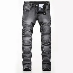 Men's Slim Fit Biker Jeans Ripped & Distressed Moto Denim Pants 100% Cotton High-Quality Comfortable Solid Color