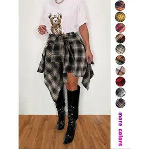 Women's Fashion Plaid Print Asymmetrical Hem High Waisted Skirt, Summer Clothes Women Casual Elastic Waist Tiered Layer Bottom For Summer Going Out Streetwear