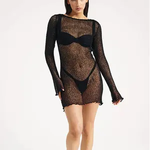 Serendipity Women's Sexy Sheer Knit Beach Cover Up Dress Long Sleeve See Through Crochet Mini Dress Summer Vacation Outfits