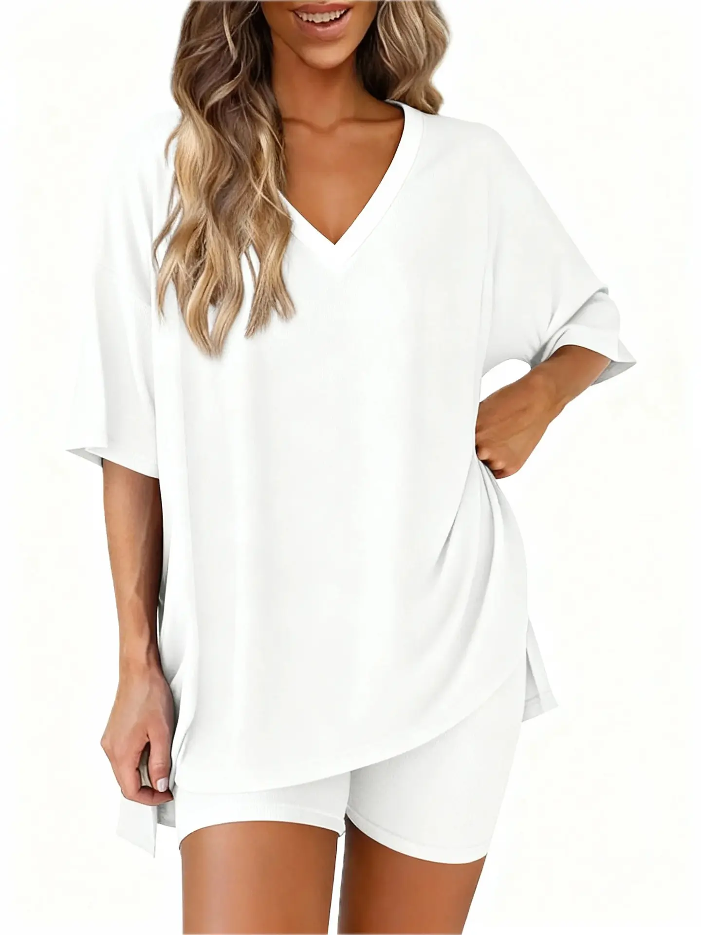 Women Oversized V Neck T-Shirt Biker Shorts 2 Piece Matching Set, Soft Comfort Summer Lounge Activewear Outfit for Travel Vacation Daily Wear