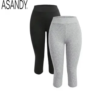 ASANDY Women 95% Cotton Skinny 3/4 Leggings Black And Grey Summer Casual Yoga Activewear High Waist Breathable