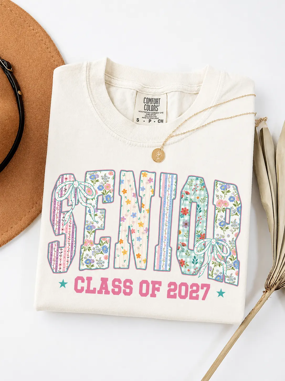 Comfort Colors Senior Class Of 2027 T-Shirt - Floral Patchwork Varsity Letters With Coquette Bows And Pastel Flowers, High School Senior Tee For Women, Graduation Party Outfit, Class Of 2027 Gift For Senior Girls