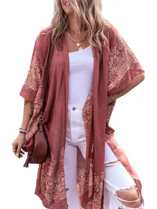 Women's Ethnic Pattern Kimono, Casual Open Front Cover Up for Beach Vacation, Ladies Clothes for Spring & Fall
