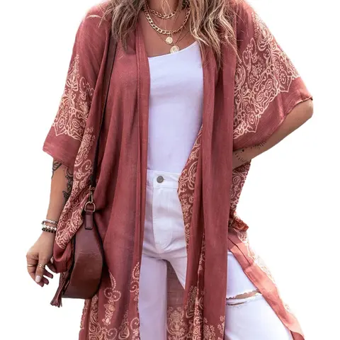 Women's Ethnic Pattern Kimono, Casual Open Front Cover Up for Beach Vacation, Ladies Clothes for Spring, Summer & Fall, Womenswear