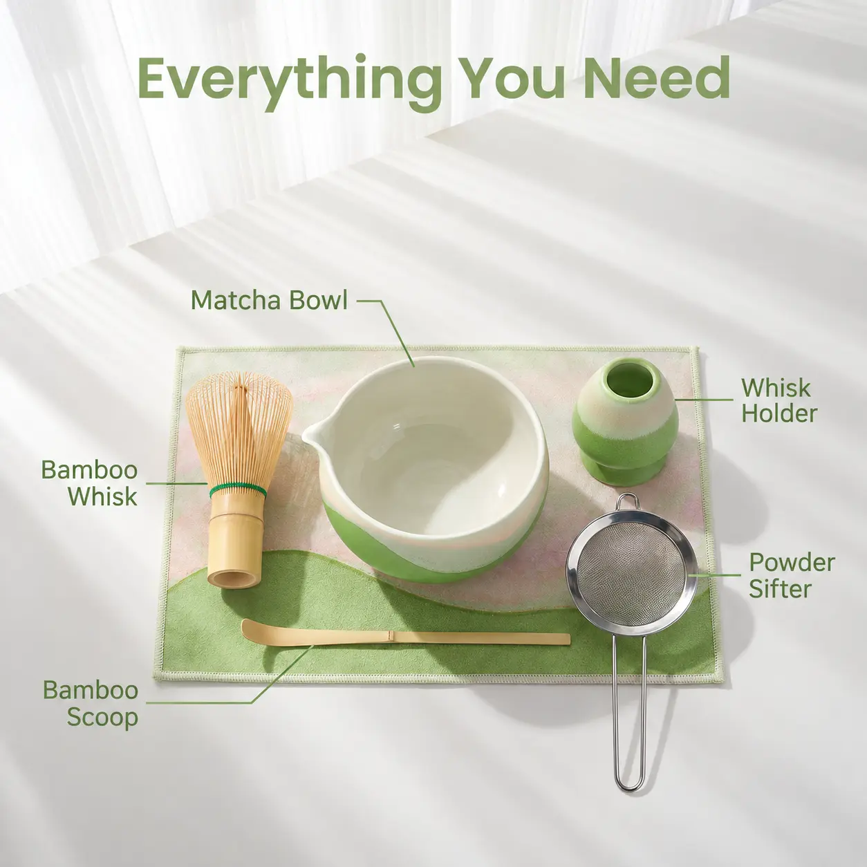 ZENS 6pcs Complete Matcha Kit, Matcha Set with Bowl & Bamboo Whisk, Home Japanese Tea Ceremony Starter Set with Chasen Holder, Scoop, Sifter and Mat Accessories for Beginners, Matcha Lover Gift