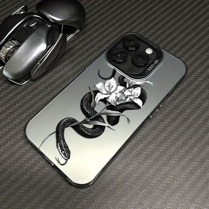 Black Snake Entwined Flowers Silvery Case For iPhone 16 15 14 13 12 11 Promax Plus Pro , Stylish Patterns with a Vibrant Gradient IMD Laser Phone Case,  It's an  Choice for Shock Resistance, Slip Prevention, And Gifting