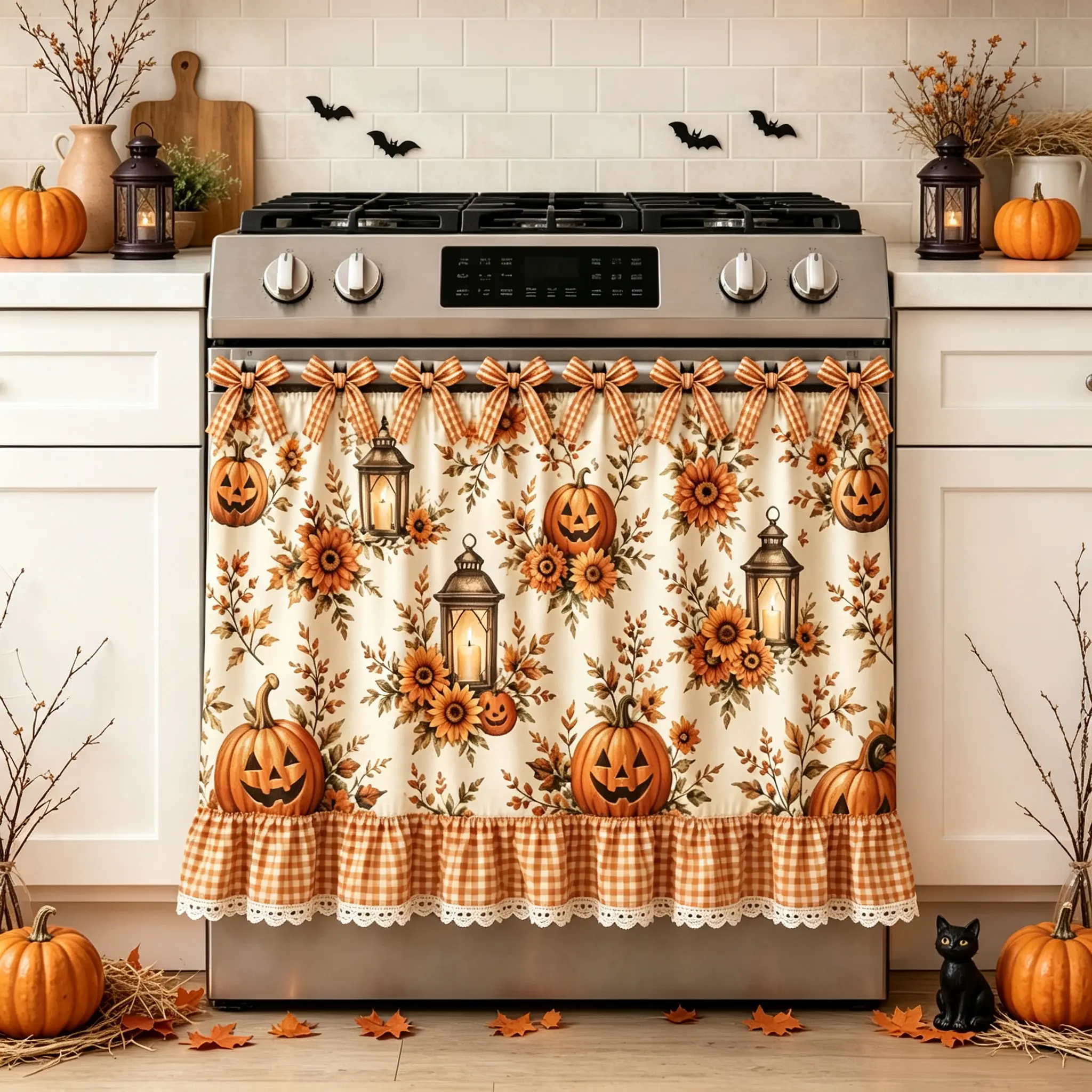 Farmhouse Halloween Oven Skirt Curtain ,Heat Resistant, Adjustable, PumpkinSunflower Lantern Print, Ribbon Top, PortableFoldable Easy to Install, Halloween KitchenHome Decor, Fits Most Oven